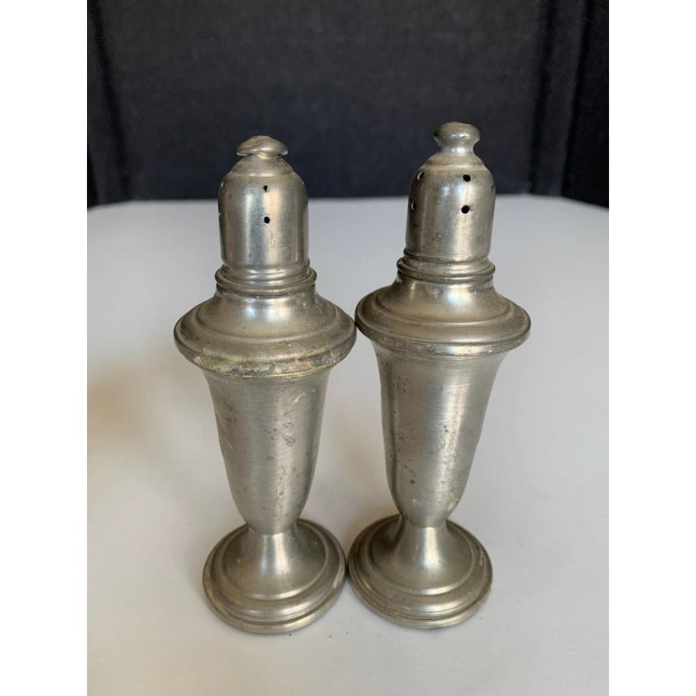 VINTAGE EMPIRE WEIGHTED PEWTER SALT & PEPPER SHAKER SET GLASS INSERT.   Top is d